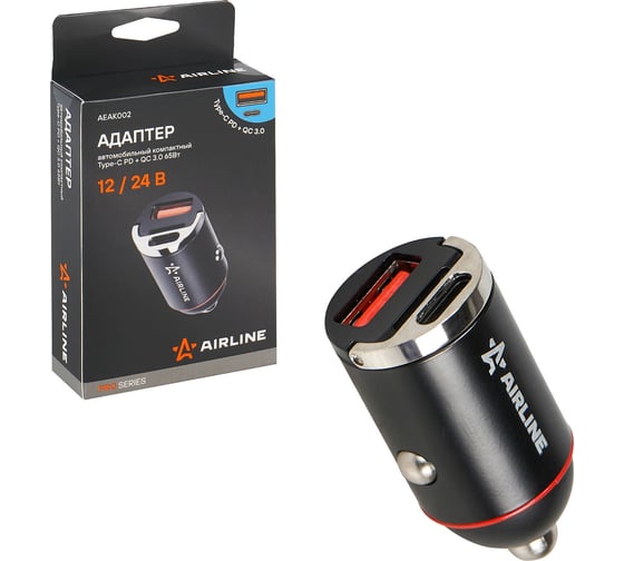 Изображение товара Автомобильный компактный адаптер Airline Type-C PD + QC 3.0 65Вт, 12/24В PRO AEAK002