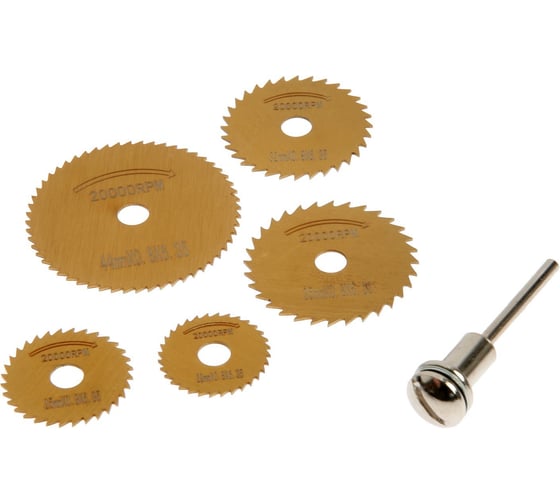 Изображение товара Набор кругов отрезных TiN, 5 насадок и адаптер 3.2 мм для граверов и бормашин ТУНДРА 9317142