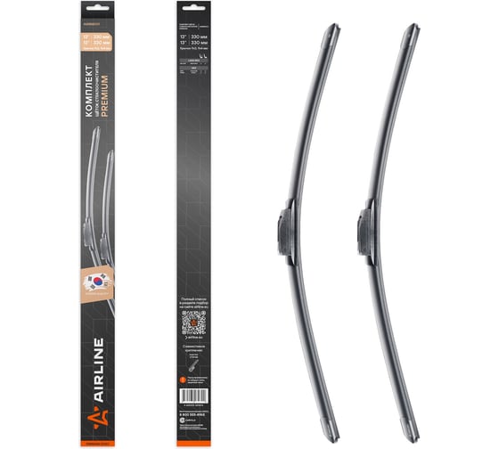 Изображение товара Комплект щеток стеклоочистителя Airline 330/330 мм (13/13) бескаркасные PREMIUM с креплением Крючок 9x3, 9x4 мм, 2 штуки AWBM001