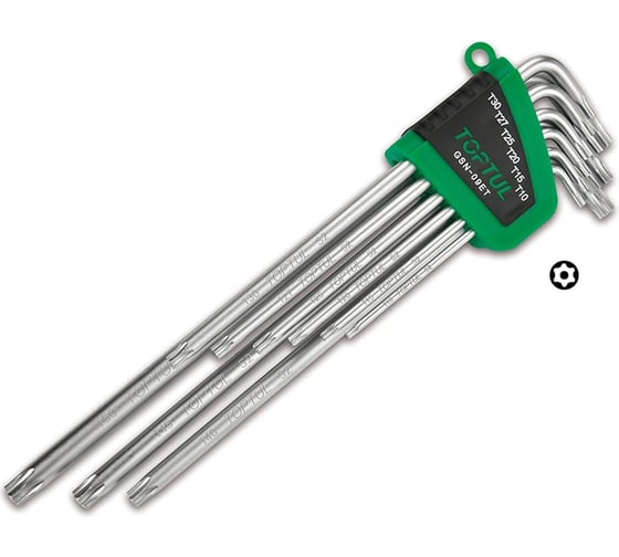 Изображение товара Набор Г-образных ключей TOPTUL TORX T10-T50 экстрадлинные с отверстием, 9 предметов GSN-09ET