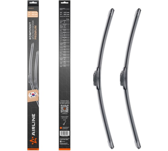 Изображение товара Комплект щеток стеклоочистителя Airline 600/480 мм (24/19) бескаркасные PREMIUM с креплением Крючок 9x3, 9x4 мм, 2 штуки AWBM047