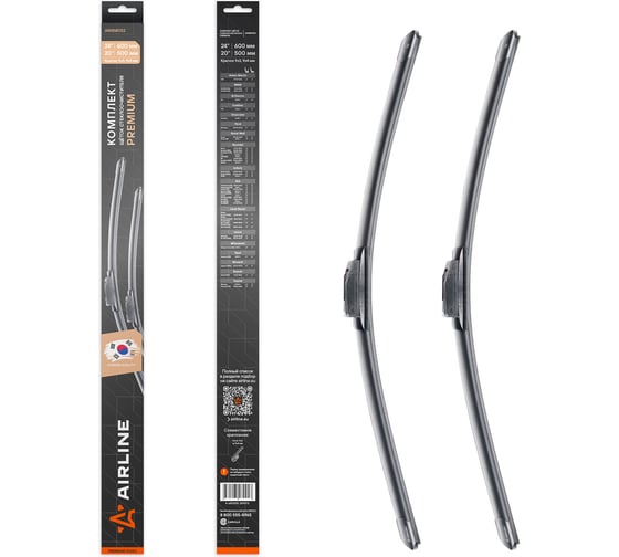 Изображение товара Комплект щеток стеклоочистителя Airline 600/500 мм (24/20) бескаркасные PREMIUM с креплением Крючок 9x3, 9x4 мм, 2 штуки AWBM052