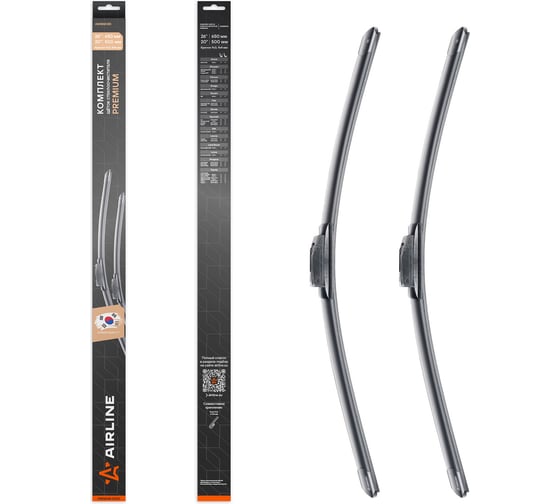 Изображение товара Комплект щеток стеклоочистителя Airline 650/500 мм, (26/20) бескаркасные PREMIUM с креплением Крючок 9x3, 9x4 мм, 2 штуки AWBM085