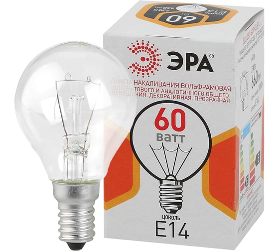 Изображение товара Лампа накаливания ЭРА ДШ, шар, 60 Вт, 230 В, Е14, цветная упаковка Б0039138