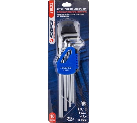 Изображение товара Набор 6-гранных Г-образных ключей Forsage экстра длинных 10  предметов в пластиковом держателе F-5102XL(6599)