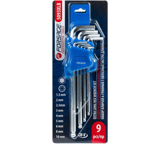 Изображение товара Набор Г-образных 6-гранных ключей Forsage экстра длинных с шаром 9 предметов F-5093XLB(18824)