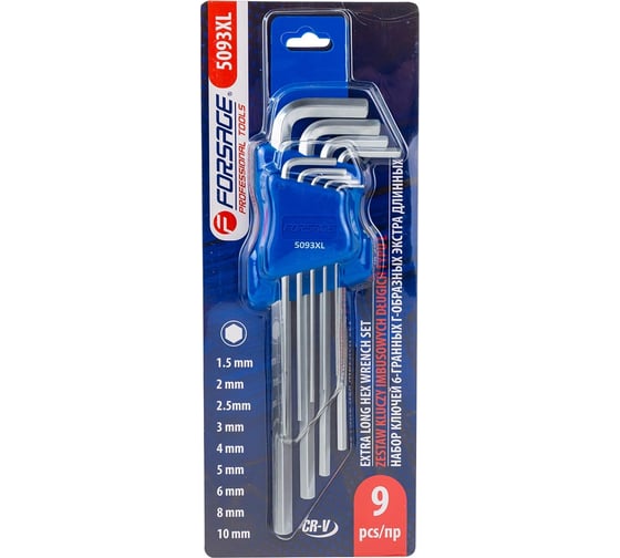 Изображение товара Набор Г-образных 6-гранных ключей Forsage экстра длинных 9 предметов в пластиковом держателе F-5093XL(6565)