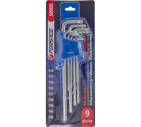 Изображение товара Набор Г-образных ключей Forsage TORX экстра длинных 9 предметов в пластиковом держателе F-5098XL(6539)