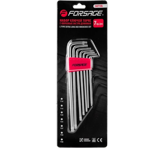 Изображение товара Набор ключей Forsage TORX Г-образных экстра длинных 7 предметов в пластиковом держателе F-5071XL(6487)