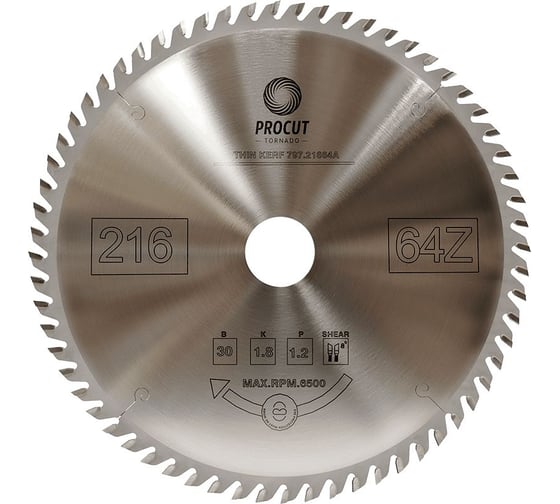 Изображение товара Пильный диск 216x30x1.8/1.2 мм, Z=64, ATB, поперечный рез, по древесине PROCUT 797.2163064A.ECO