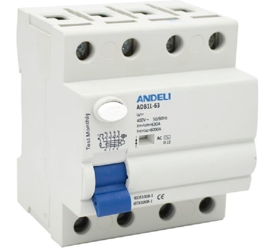Изображение товара Устройство защиты отключения ANDELI ADB1L-63 4P 25A ток утечки 30mA тип AC 6kA артикул ADL03-004