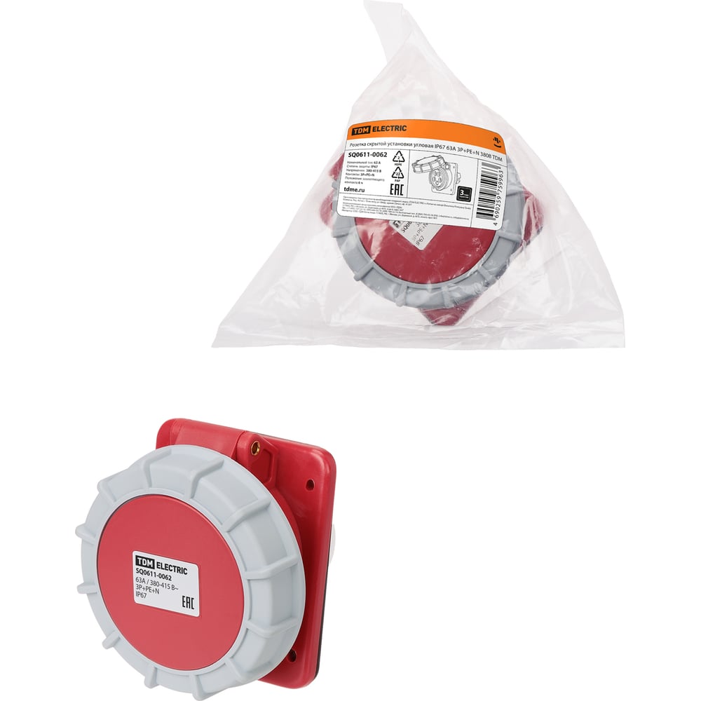 Изображение товара Розетка скрытой установки угловая TDM ELECTRIC IP67 63А 3Р+РЕ+N 380В TDM SQ0611-0062
