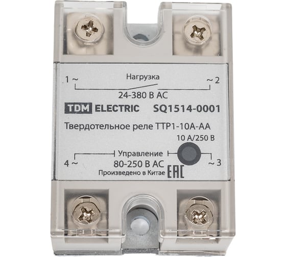 Изображение товара Твердотельное реле TDM ELECTRIC ТТР1-10А-AА, 1ф, 10А, упр: 80-250В AС, нагр: 24-380В АС TDM SQ1514-0001