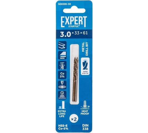 Изображение товара Сверло по металлу ц/х, 3.0x33x61 мм, HSS-Co, 2 шт EXPERT STARTUL SE8300-30
