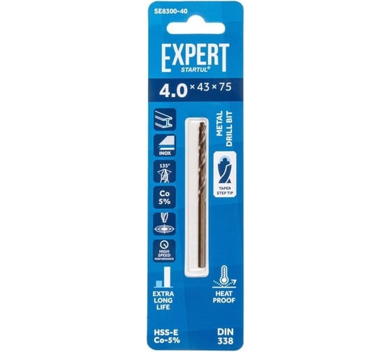 Изображение товара Сверло по металлу ц/х, 4.0x43x75 мм, HSS-Co, EXPERT STARTUL SE8300-40