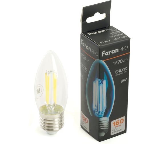 Изображение товара Лампа светодиодная FERON .PRO LB-1208 Свеча E27 8W 175-265V 6400K, 51243