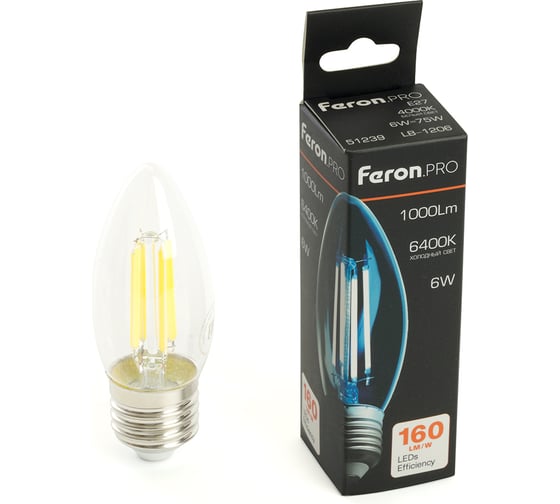 Изображение товара Лампа светодиодная FERON .PRO LB-1206 Свеча E27 6W 175-265V 6400K, 51240
