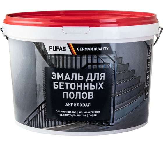 Изображение товара Эмаль акриловая ПУФАС для бетонных полов, полуглянцевая, мороз., серая, 12 кг тов-217193