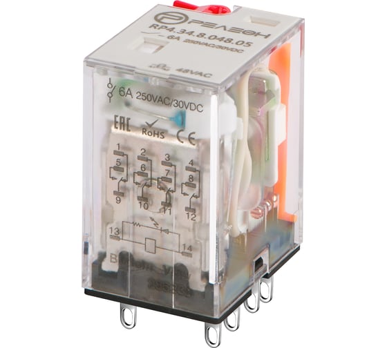 Изображение товара Промежуточное реле Релеон 4 CO контакта 6а;  12в Ac; блокируемая кнопка проверки + LED, RP434801205