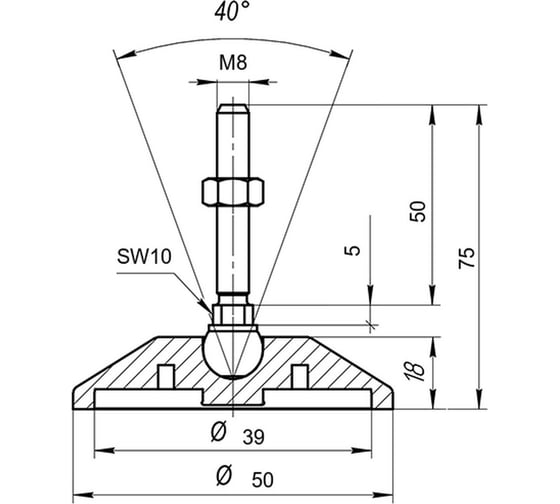 Изображение товара Регулируемая опора серая Алтервиа M8x50 до 360 кг упаковка 2 штуки A00021.2105008050.2