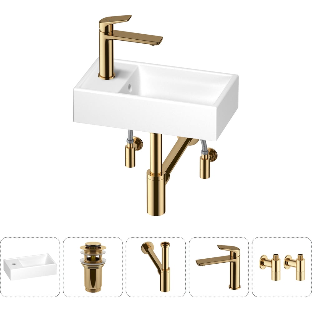 Изображение товара Маленькая раковина для ванной комнаты Wellsee WC Area 5 в 1 глянцевая белая с сифоном и смесителем