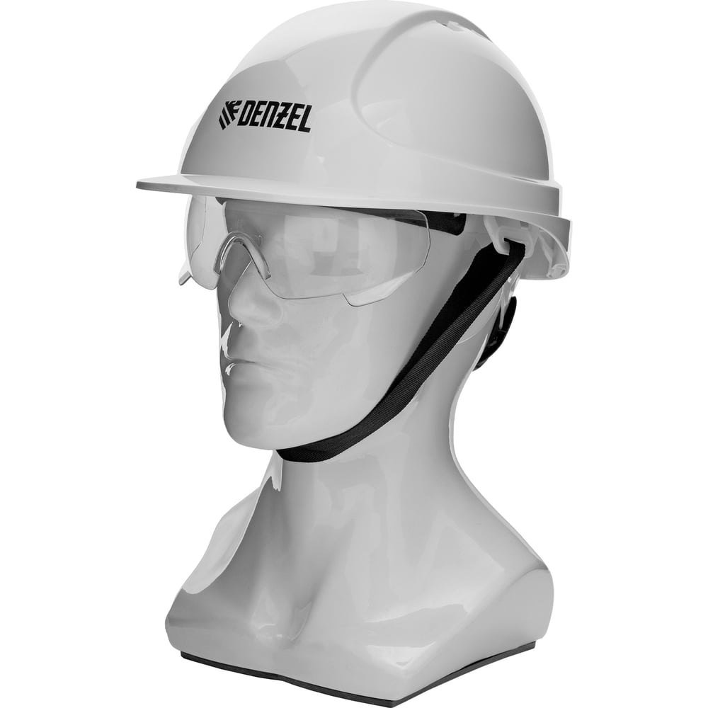 Изображение товара Защитная каска Denzel Форвард с очками, ABS/PC, белая, регулируемая