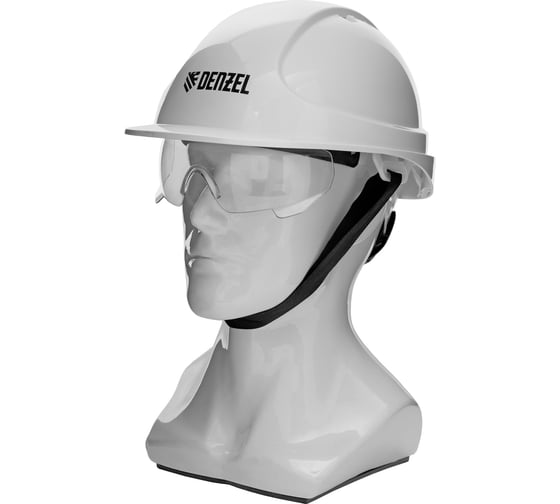 Изображение товара Каска защитная ударопрочная Denzel Форвард (К-05), ABS/PC, комплект со встроенными очками ОЧК-05 Форвард, белая 89205