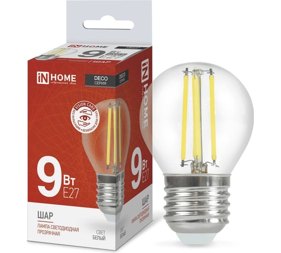 Изображение товара Лампа светодиодная IN HOME LED-ШАР-deco 9Вт 230В Е27 4000К 1040Лм прозрачная 4690612026282