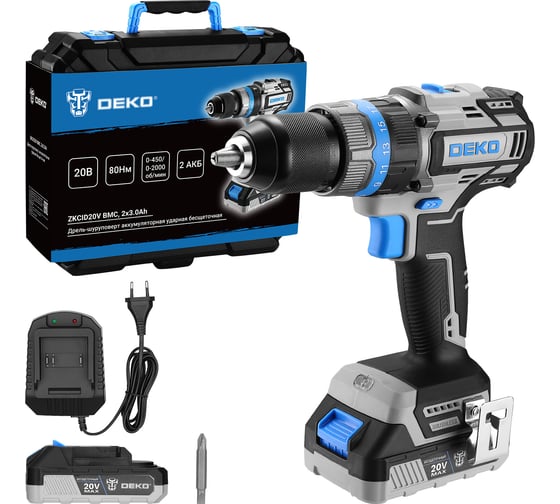 Изображение товара Дрель-шуруповерт аккумуляторная ударная бесщеточная DEKO ZKCID20V в кейсе, 20В, 80 Нм, 2x3.0Ач 084-1037