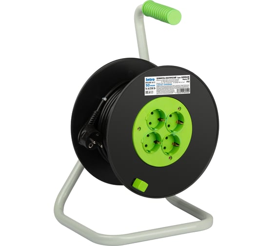 Изображение товара Удлинитель силовой Intro RPE45003x1,5 на пластиковой катушке c заземлением 4 розетки 50м ПВС 3x1,5мм Б0060393