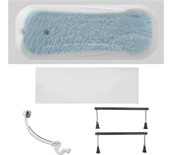 Изображение товара Ванна акриловая 1Marka CLASSIC 150x70 см, в наборе 4 в 1: прямоугольная ванна, фронтальная панель, металлические ножки, слив-перелив хром 01кл1570Акс1+