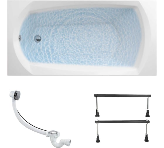 Изображение товара Ванна акриловая 1Marka ELEGANCE 120x70 см, в наборе 3 в 1: прямоугольная ванна, металлические ножки, слив-перелив хром 01эл1270кс1