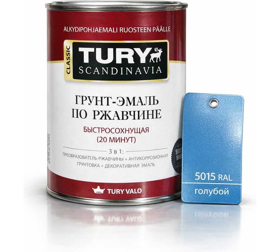 Изображение товара Грунт-эмаль TURY по ржавчине 3 в 1 МС-102 голубая, 20 кг 20014624