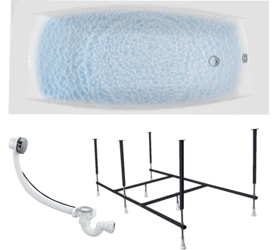 Изображение товара Ванна акриловая 1Marka PRAGMATIKA 173x75 см, в наборе 3 в 1: прямоугольная ванна, усиленный металлический каркас, слив-перелив хром 01пр17375кс2+