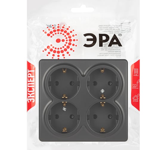 Изображение товара Розетка четырехместная ЭРА Эксперт 11221105 с заземлением 4x2PE Schuko со шторками, IP20, 16A250В, О Б0063004