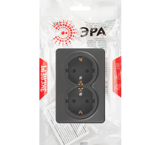 Изображение товара Розетка двойная ЭРА Эксперт 11220505 с заземлением 2x2PE Schuko IP20 16A250В открытой установки антрацит Б0063047