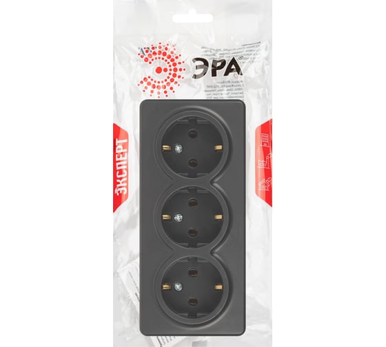 Изображение товара Розетка ЭРА Эксперт 11220805 тройная с заземлением 3x2PE Schuko, IP20, 16A250В, открытой установки, антрацит Б0063007