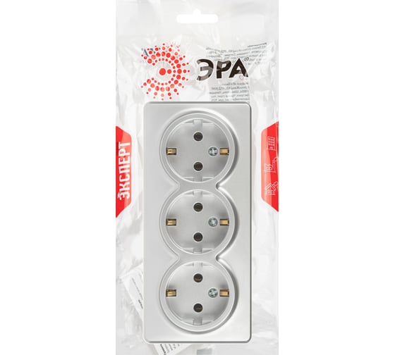Изображение товара Розетка ЭРА Эксперт 11220803 тройная с заземлением 3x2PE Schuko IP20 16A250В открытой установки алюминий Б0063010