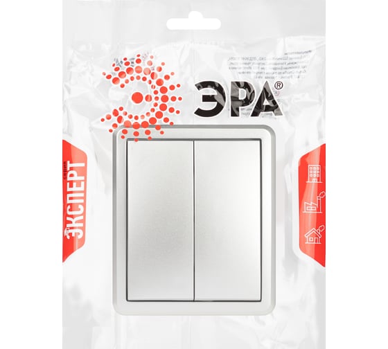 Изображение товара Выключатель двойной ЭРА Эксперт 11120403 10АХ250В IP20 открытой установки алюминий Б0063035