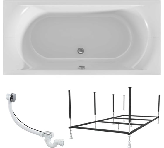 Изображение товара Акриловая ванна 1Marka ESMA MG 190x90 см, сантехнический акрил, в наборе 3в1: Ванна акриловая, усиленная стальная рама, слив-перелив хром 01эс1990кс2+