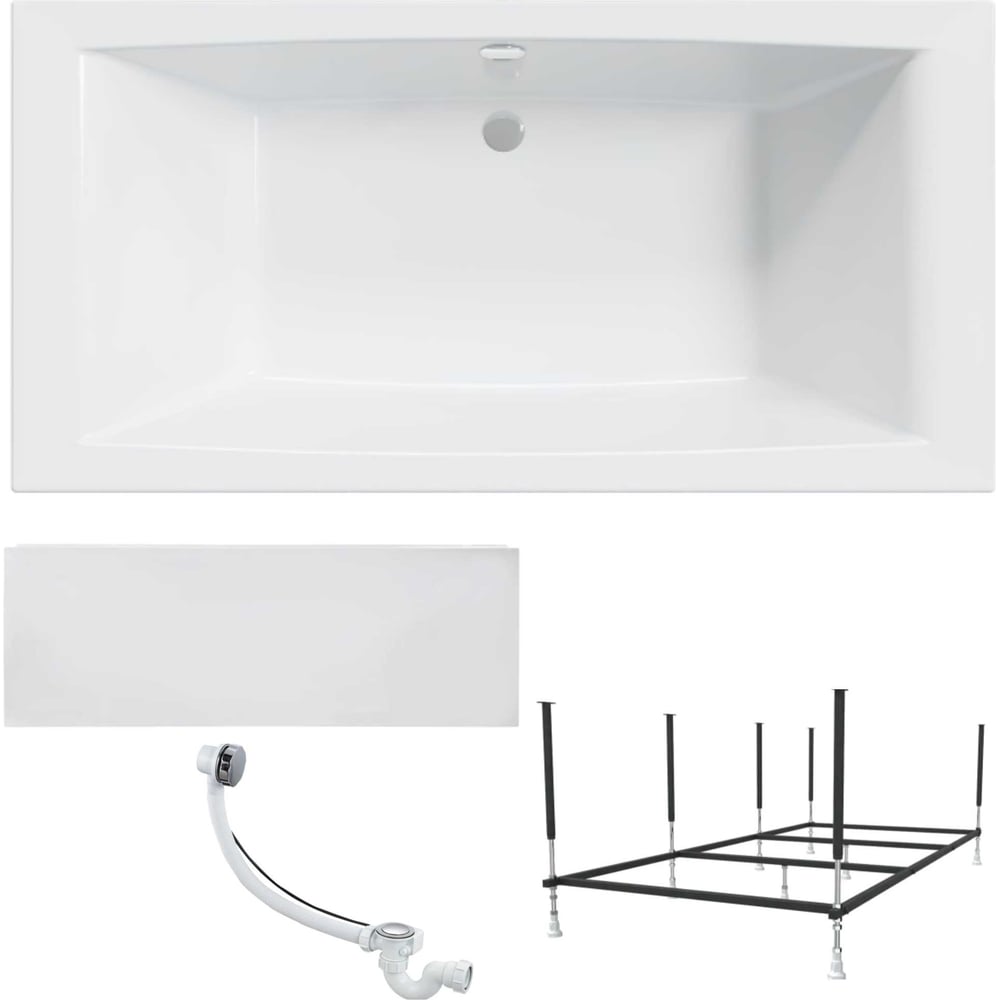 Изображение товара Акриловая ванна 1Marka AELITA MG 200x100 см, сантехнический акрил, в наборе 4в1: Ванна акриловая, панель фронтальная, усиленная стальная рама, слив-перелив хром 01аэ2010кп