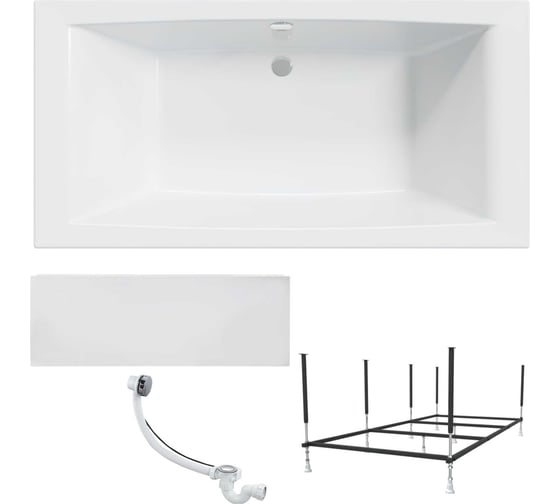 Изображение товара Акриловая ванна 1Marka AELITA MG 200x100 см, сантехнический акрил, в наборе 4в1: Ванна акриловая, панель фронтальная, усиленная стальная рама, слив-перелив хром 01аэ2010кп