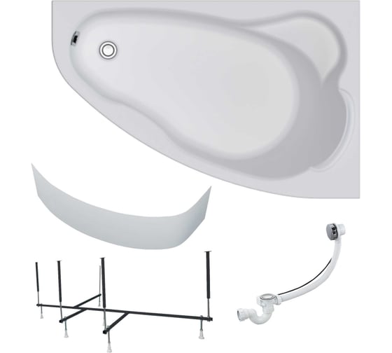 Изображение товара Акриловая ванна 1Marka Lil 140x90 см, правый угол, сантехнический акрил, в наборе 4в1: Ванна акриловая, панель фронтальная, усиленная стальная рама, слив-перелив хром 01лил1490пкп