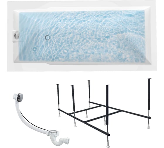 Изображение товара Акриловая ванна 1Marka RAGUZA 190x90 см, сантехнический акрил, в наборе 3в1: Ванна акриловая, усиленная стальная рама, слив-перелив хром 01ра1990кс2+