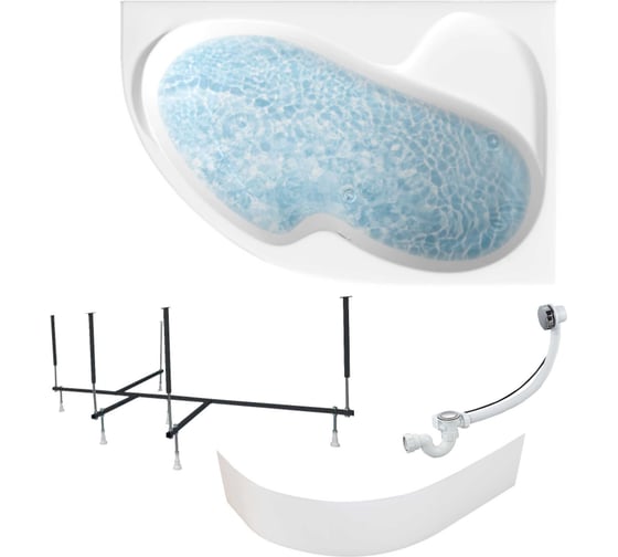 Изображение товара Акриловая ванна 1Marka AURA 160x105 см, правый угол, сантехнический акрил, в наборе 4в1: Ванна акриловая, панель фронтальная, усиленная стальная рама, слив-перелив хром 01ау1610пкп