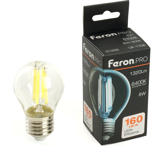 Изображение товара Лампа светодиодная FERON PRO LB-1708 Шарик E27 8W 175-265V 6400K, 51255