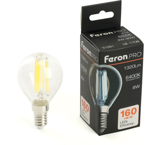 Изображение товара Лампа светодиодная FERON PRO LB-1708 Шарик E14 8W 175-265V 6400K, 51261
