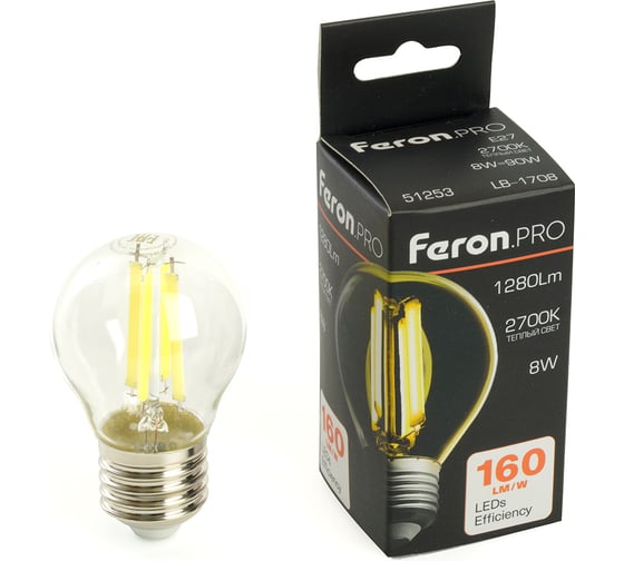 Изображение товара Лампа светодиодная FERON PRO LB-1708 Шарик E27 8W 175-265V 2700K, 51253