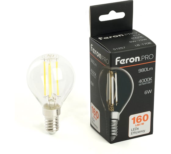Изображение товара Лампа светодиодная FERON PRO LB-1706 Шарик E14 6W 175-265V 4000K, 51257