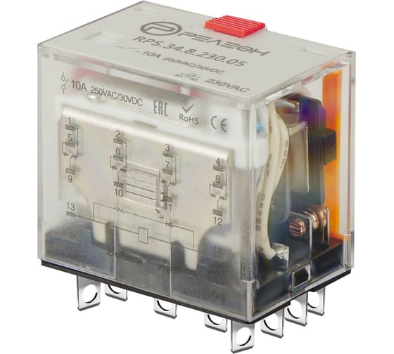 Изображение товара Миниатюрное силовое реле Релеон 4 CO контакта 10а;  24в Ac; блок. тест кнопка + LED, RP534802405
